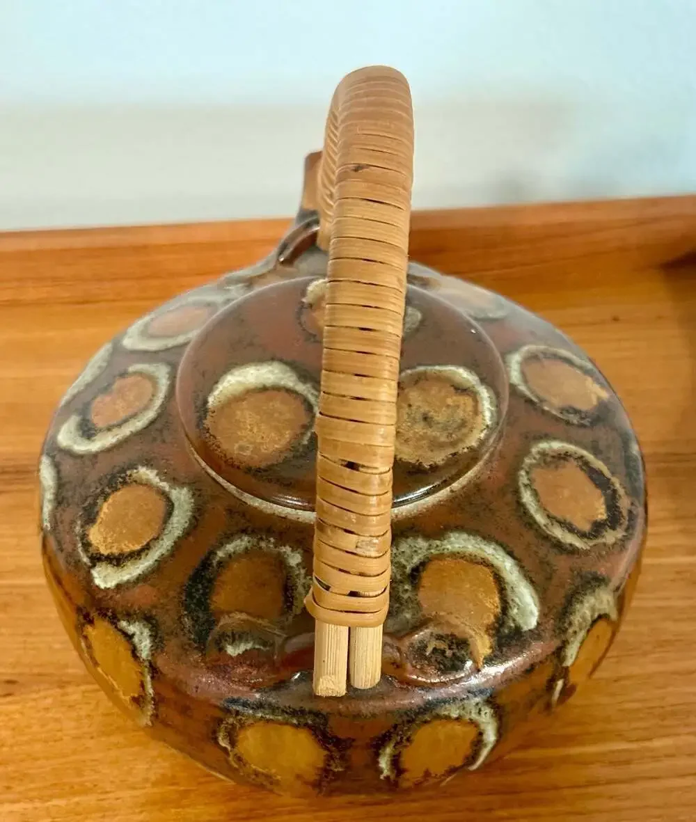 Vintage Hand-Painted Studio Pottery Teapot with Woven Rattan Handle